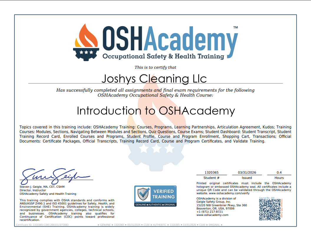 OSHAcademy certificate of completion issued to Joshy's Cleaning LLC, Introduction to OSHAcademy, March 31, 2026